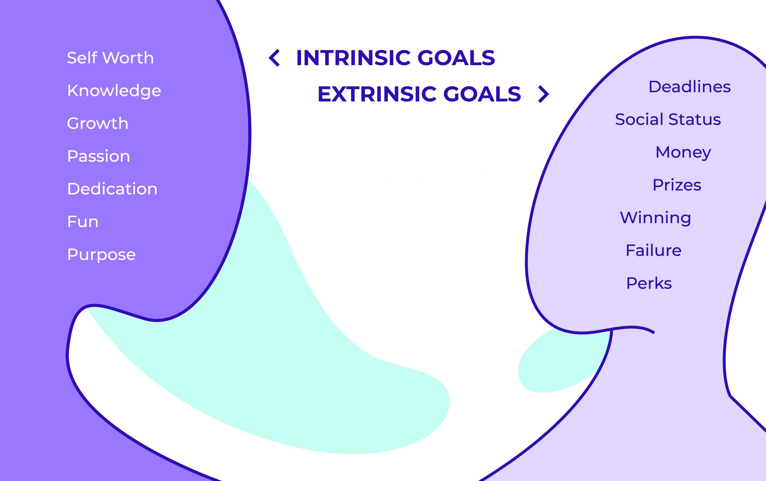 Intrinsic goals (self worth, knowlegde, growth, passion, dedication, fun, purpose) vs extrinsic Goals (Deadlines, social status, Money, prizes, winning, failure, perks)