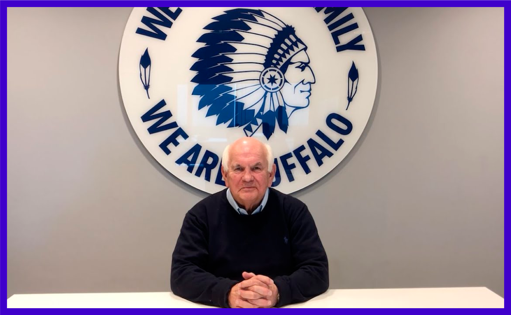 Football club KAA Gent's chairman Ivan De Witte, before We Are One Family, We Are Buffalo sign and KAA Gent logo