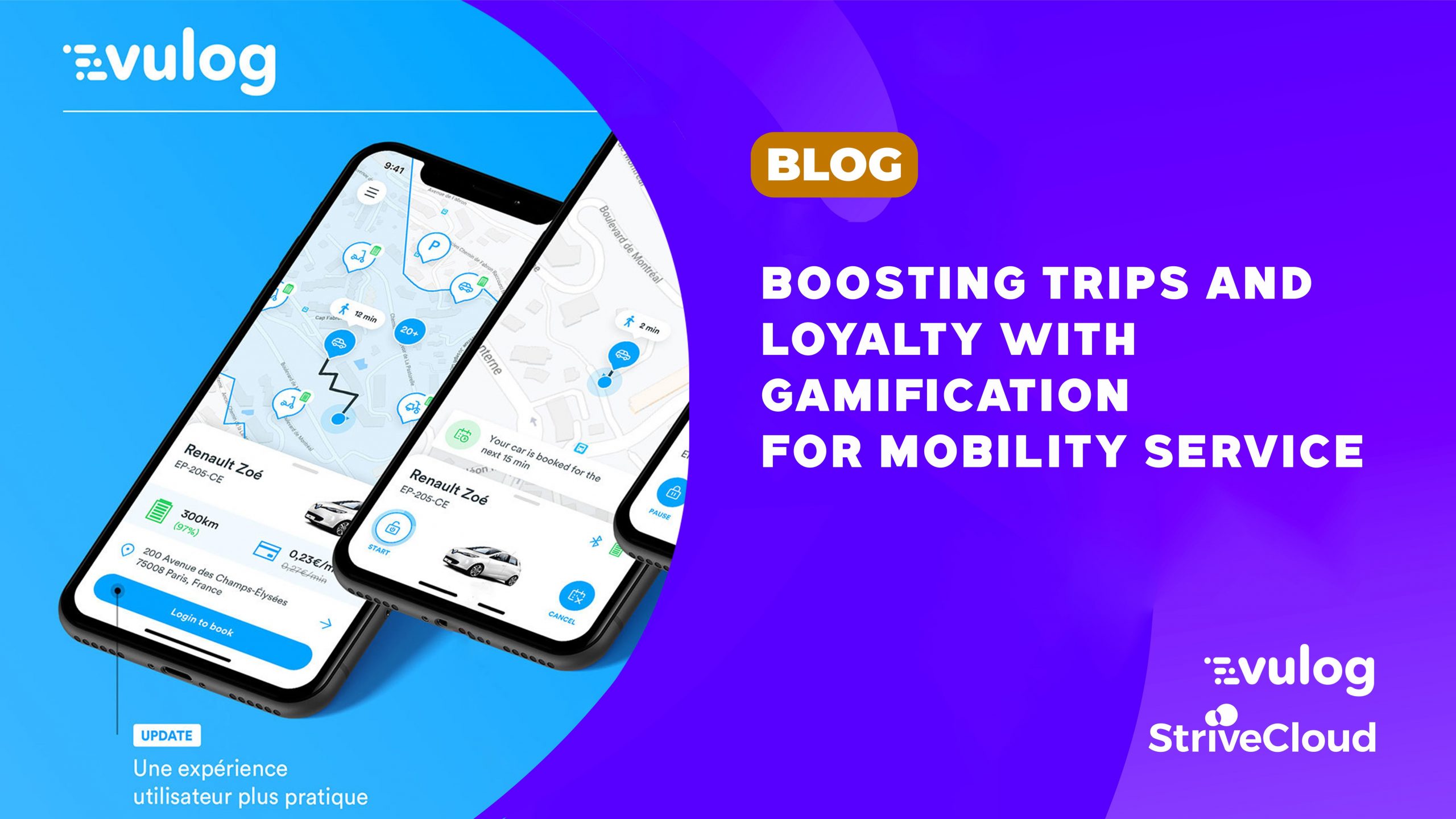 A cover image for Vulog's and Strivecloud's collaboration, title conveys how gamification can help a mobility service.